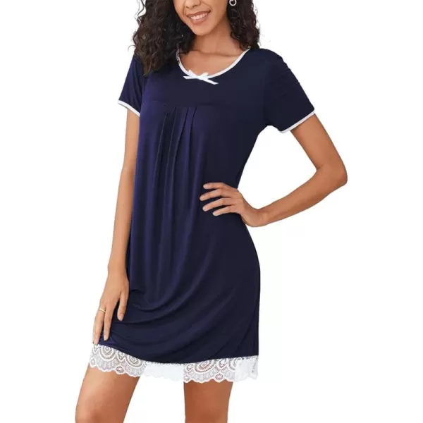 LYANER Women's Crewneck Short Sleeve Lace Trim Pleated Mini Short Nightgown Nightdress