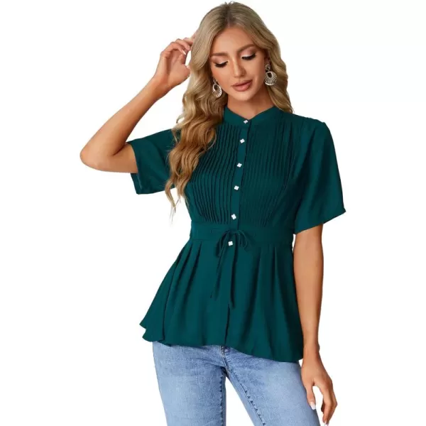 LYANER Women's Crewneck Short Sleeve Pleated Button Front Tie Waist Ruffle Hem Shirt Top Blouse