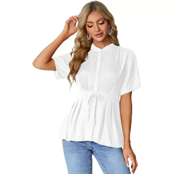 LYANER Women's Crewneck Short Sleeve Pleated Button Front Tie Waist Ruffle Hem Shirt Top Blouse