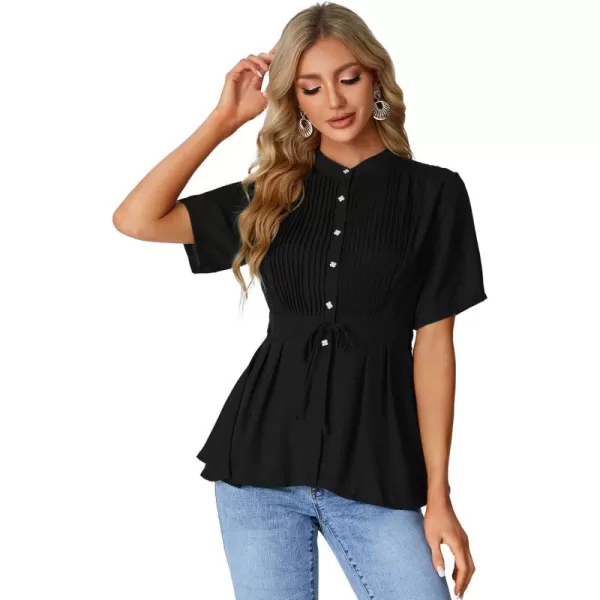 LYANER Women's Crewneck Short Sleeve Pleated Button Front Tie Waist Ruffle Hem Shirt Top Blouse