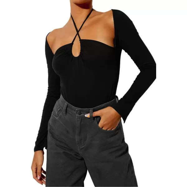LYANER Women's Criss Cross Halter Neck Cut Out Long Sleeve Ruched T-Shirt Tee Top