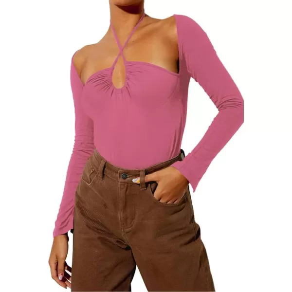 LYANER Women's Criss Cross Halter Neck Cut Out Long Sleeve Ruched T-Shirt Tee Top