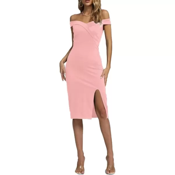 LYANER Women's Off Shoulder Split Slit Short Sleeve Zipper Bodycon Cocktail Midi Dress