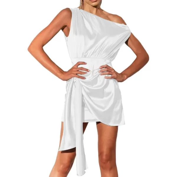 LYANER Women's One Shoulder Satin Ruched Tie Wrap Waist Irregular Cocktail Mini Dress