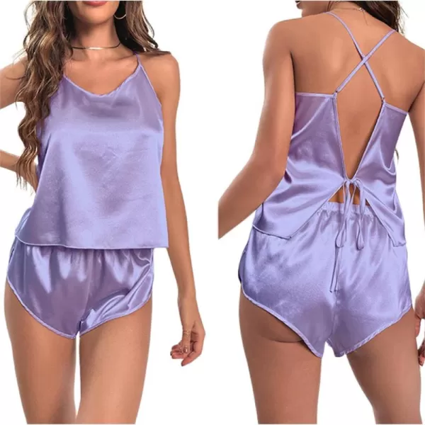 LYANER Women's Sexy Silk Satin Pajamas Set Tie Up Back Cami Shorts Set Sleepwear