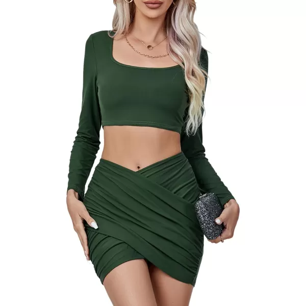LYANER Women's 2 Piece Outfits Square Neck Slim Fit Crop Top and Cross Wrap Mini Skirt Set