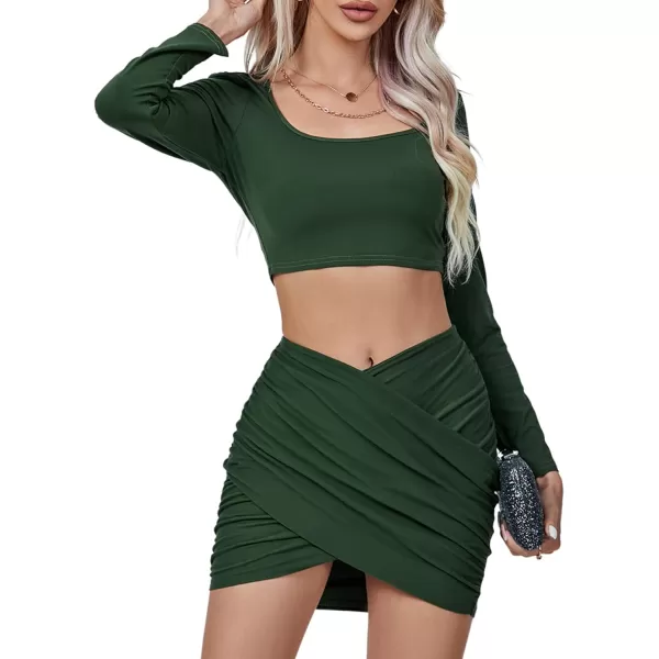 LYANER Women's 2 Piece Outfits Square Neck Slim Fit Crop Top and Cross Wrap Mini Skirt Set