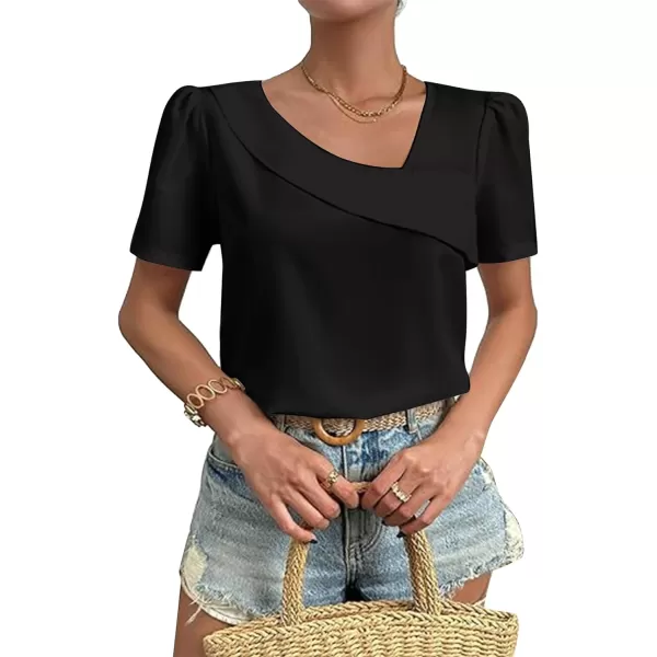LYANER Women's Casual Asymmetrical V Neck Pleated Short Sleeve Blouse Shirt Top