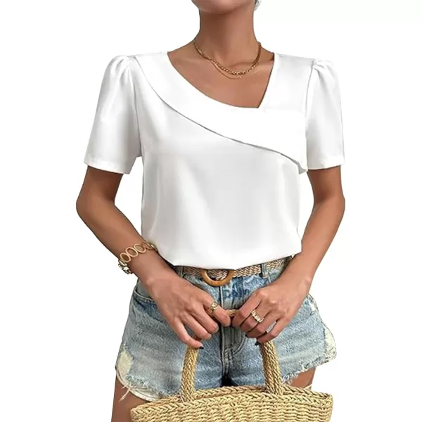 LYANER Women's Casual Asymmetrical V Neck Pleated Short Sleeve Blouse Shirt Top
