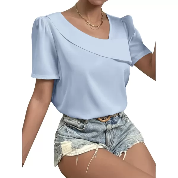 LYANER Women's Casual Asymmetrical V Neck Pleated Short Sleeve Blouse Shirt Top