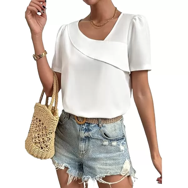 LYANER Women's Casual Asymmetrical V Neck Pleated Short Sleeve Blouse Shirt Top