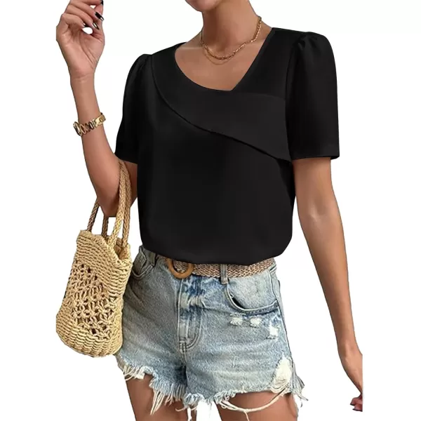 LYANER Women's Casual Asymmetrical V Neck Pleated Short Sleeve Blouse Shirt Top