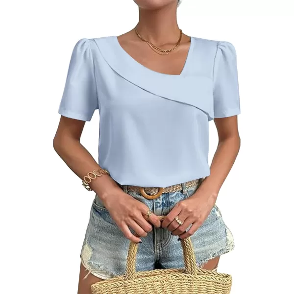 LYANER Women's Casual Asymmetrical V Neck Pleated Short Sleeve Blouse Shirt Top