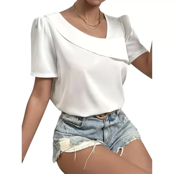 LYANER Women's Casual Asymmetrical V Neck Pleated Short Sleeve Blouse Shirt Top