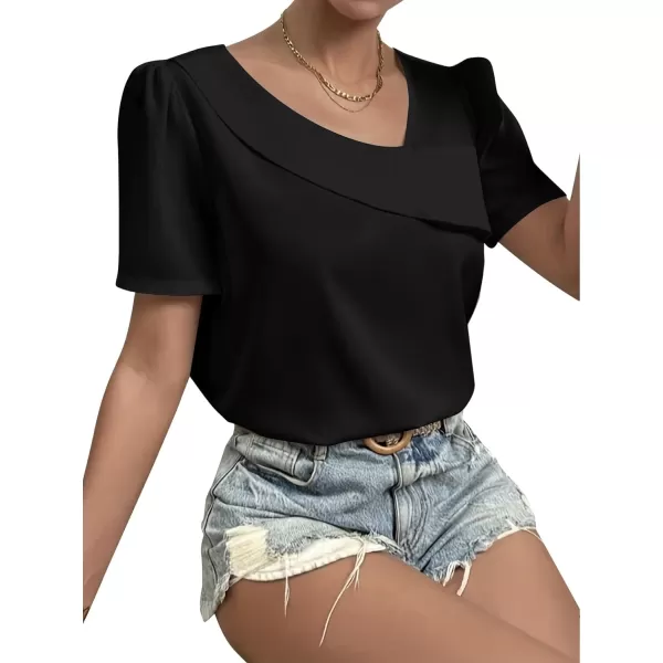 LYANER Women's Casual Asymmetrical V Neck Pleated Short Sleeve Blouse Shirt Top