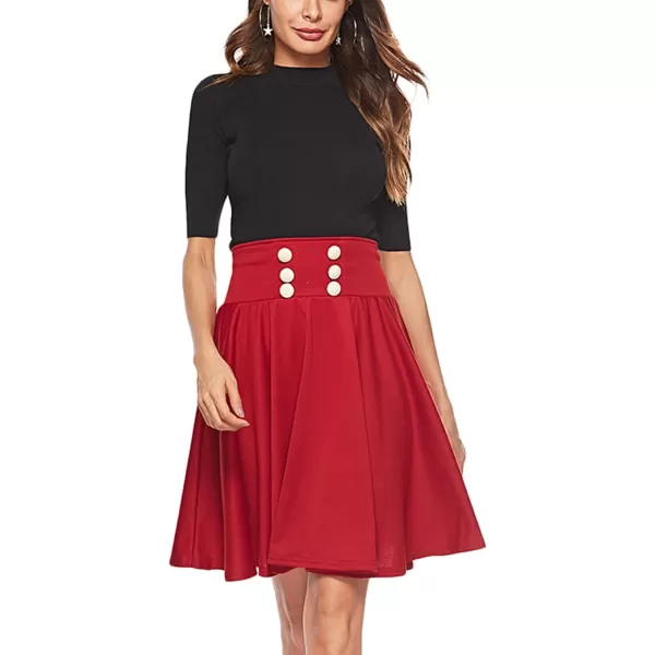 LYANER Women's Casual Button Front Elastic High Waist Flared A-Line Solid Color Midi Skirt