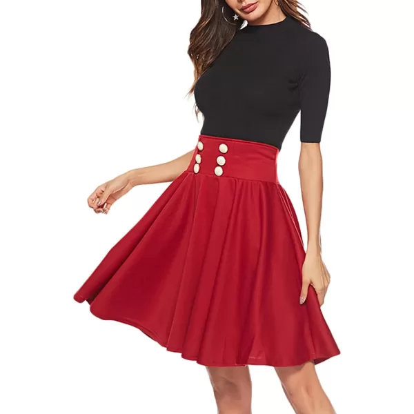 LYANER Women's Casual Button Front Elastic High Waist Flared A-Line Solid Color Midi Skirt