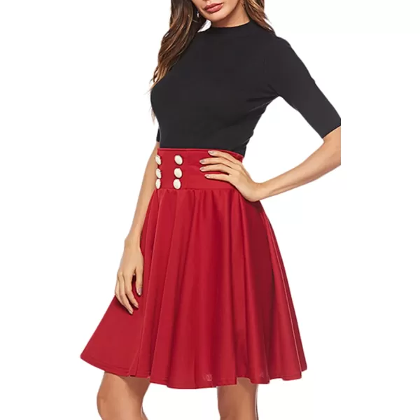 LYANER Women's Casual Button Front Elastic High Waist Flared A-Line Solid Color Midi Skirt