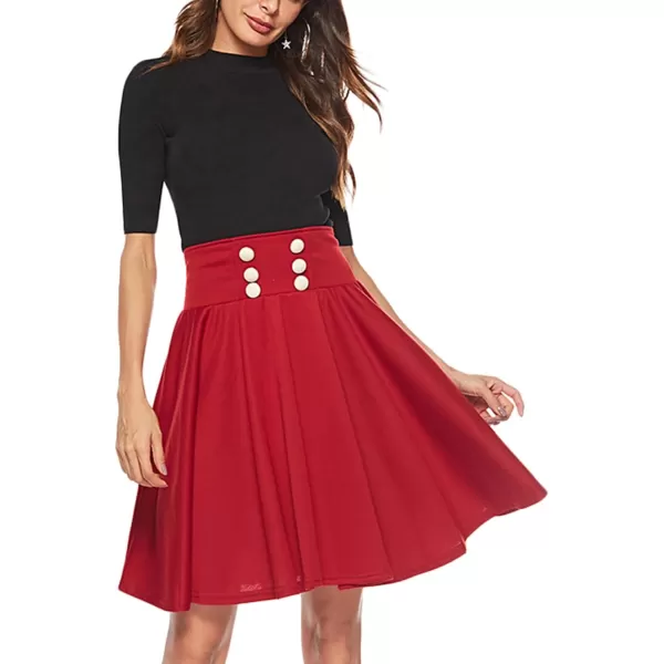 LYANER Women's Casual Button Front Elastic High Waist Flared A-Line Solid Color Midi Skirt