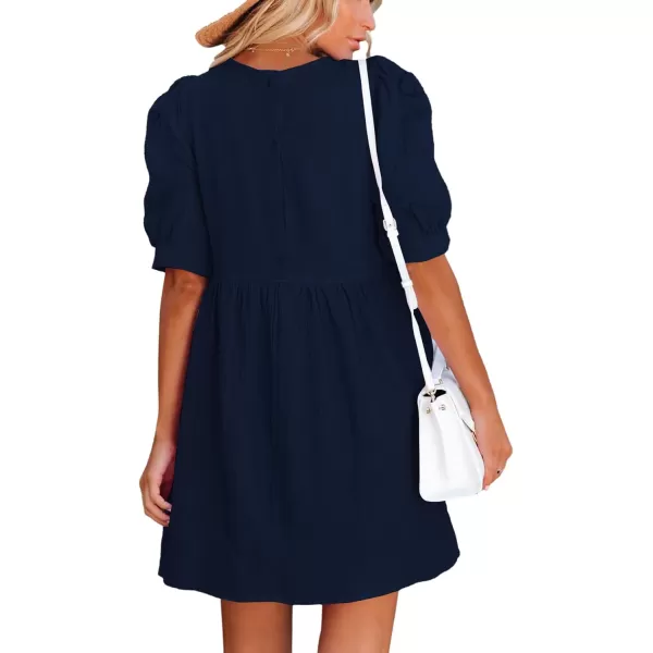 LYANER Women's Crewneck High Waist Puff Short Sleeve Button Back Babydoll A-line Mini Dress with Pocket