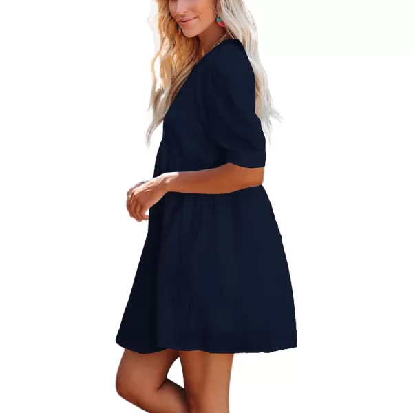 LYANER Women's Crewneck High Waist Puff Short Sleeve Button Back Babydoll A-line Mini Dress with Pocket