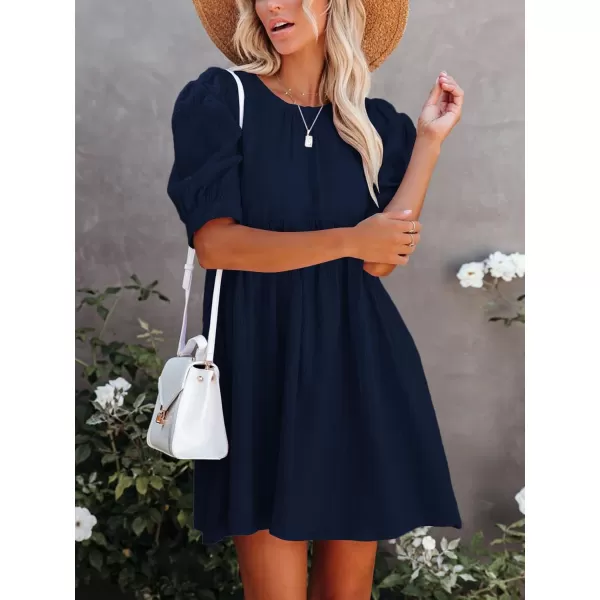 LYANER Women's Crewneck High Waist Puff Short Sleeve Button Back Babydoll A-line Mini Dress with Pocket