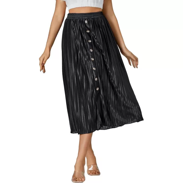 LYANER Women's Elastic High Waisted Pleated Button Front Split Skirt Midi Swing A-line Skirts