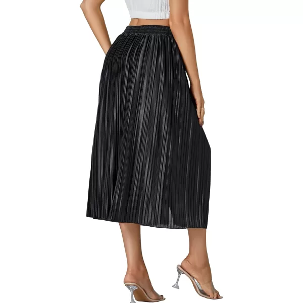 LYANER Women's Elastic High Waisted Pleated Button Front Split Skirt Midi Swing A-line Skirts