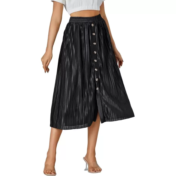 LYANER Women's Elastic High Waisted Pleated Button Front Split Skirt Midi Swing A-line Skirts