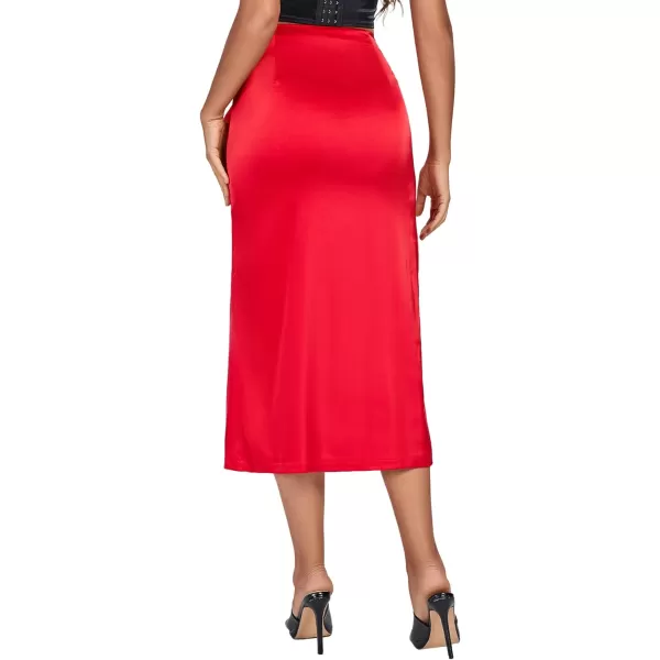 LYANER Women's Elegant Satin Split Slit Hem Side Tie Basic Zipper High Waist Pencil Midi Skirt