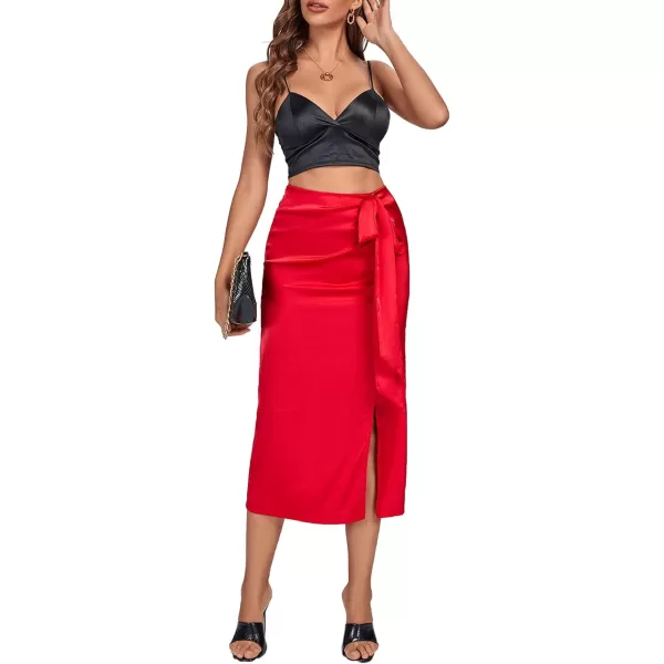 LYANER Women's Elegant Satin Split Slit Hem Side Tie Basic Zipper High Waist Pencil Midi Skirt