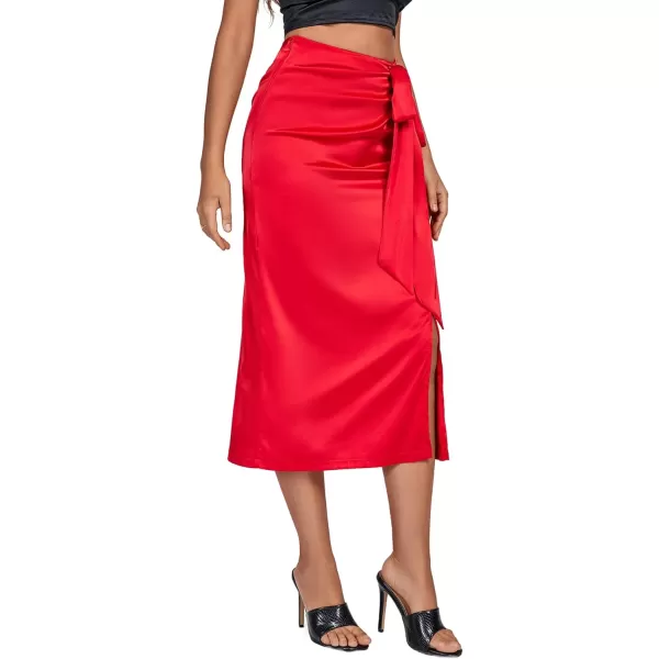LYANER Women's Elegant Satin Split Slit Hem Side Tie Basic Zipper High Waist Pencil Midi Skirt