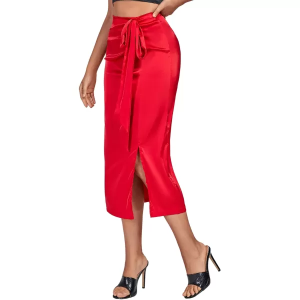 LYANER Women's Elegant Satin Split Slit Hem Side Tie Basic Zipper High Waist Pencil Midi Skirt