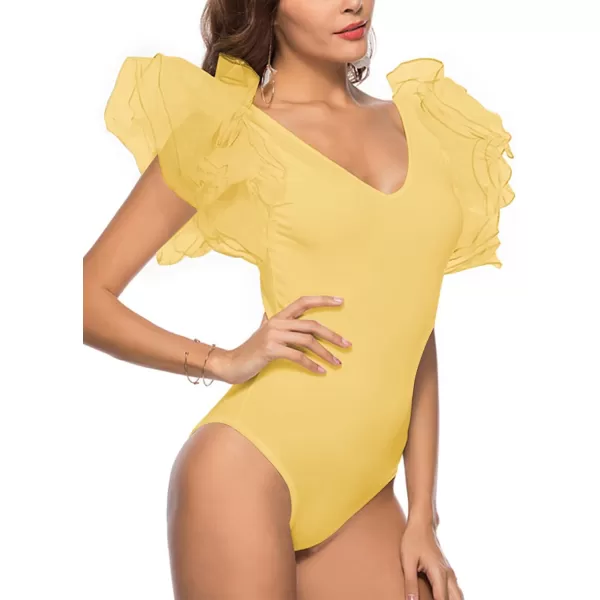 LYANER Women’s Layer Ruffle Butterfly Sleeve V Neck Stretchy Party Skinny Bodysuit Romper Leotard