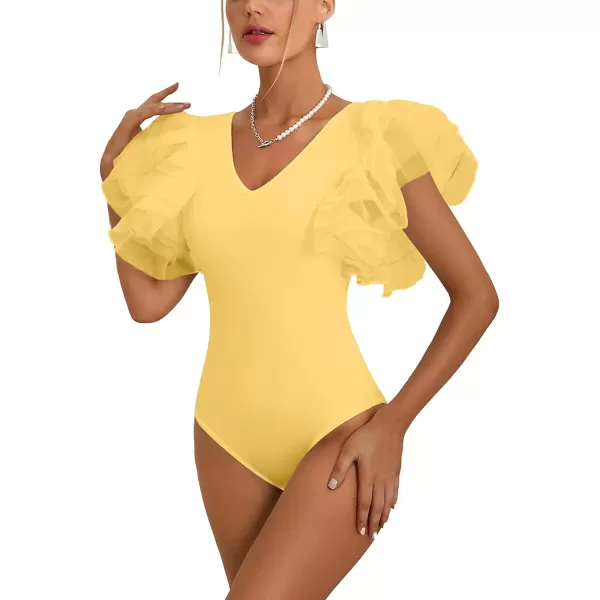 LYANER Women’s Layer Ruffle Butterfly Sleeve V Neck Stretchy Party Skinny Bodysuit Romper Leotard