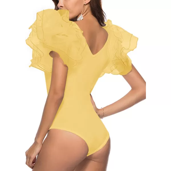 LYANER Women’s Layer Ruffle Butterfly Sleeve V Neck Stretchy Party Skinny Bodysuit Romper Leotard