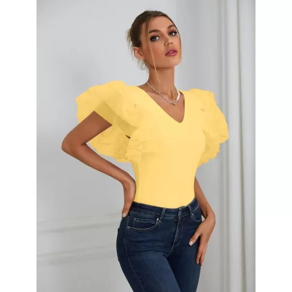 LYANER Women’s Layer Ruffle Butterfly Sleeve V Neck Stretchy Party Skinny Bodysuit Romper Leotard