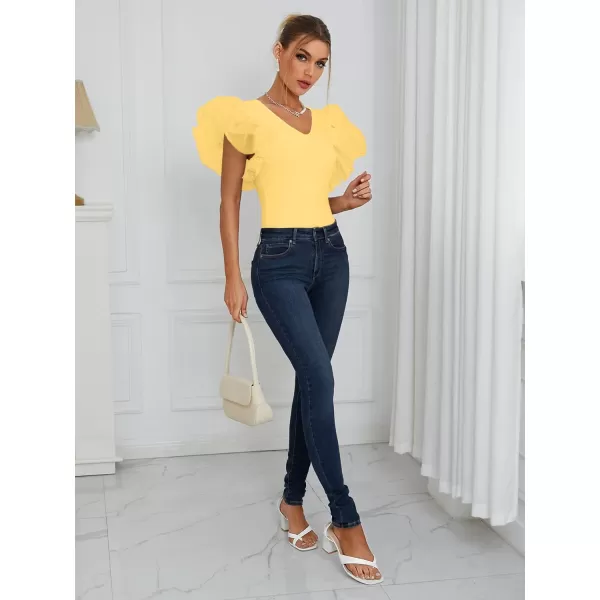 LYANER Women’s Layer Ruffle Butterfly Sleeve V Neck Stretchy Party Skinny Bodysuit Romper Leotard