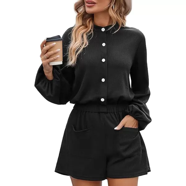 LYANER Women's One Piece Outfit Button Down Lantern Long Sleeve Elastic Waist Romper Short Jumpsuit