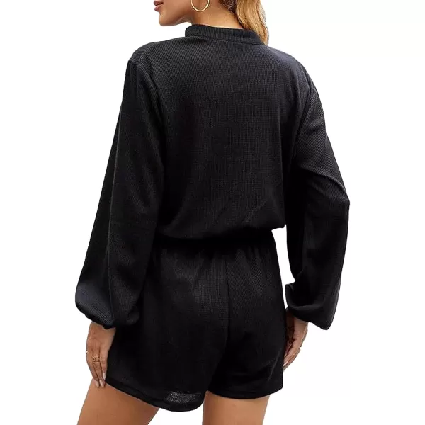 LYANER Women's One Piece Outfit Button Down Lantern Long Sleeve Elastic Waist Romper Short Jumpsuit