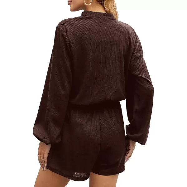 LYANER Women's One Piece Outfit Button Down Lantern Long Sleeve Elastic Waist Romper Short Jumpsuit
