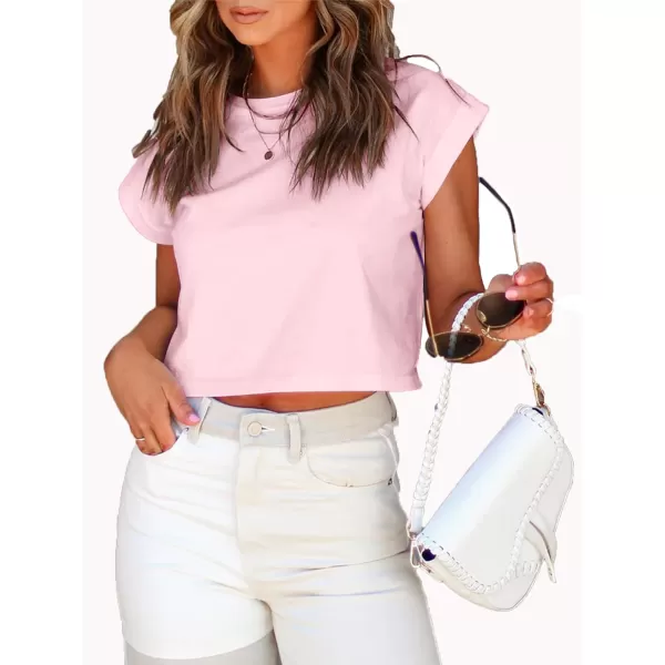LYANER Women's Round Neck Rolled Dolman Short Sleeve Crop Solid Pullover Tee Shirt Top