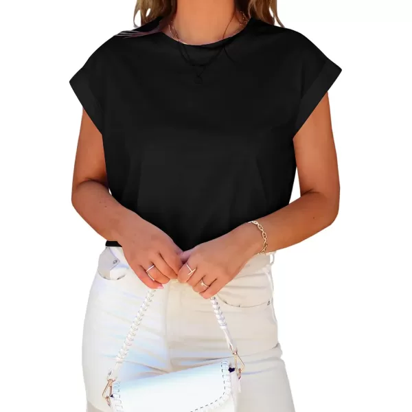 LYANER Women's Round Neck Rolled Dolman Short Sleeve Crop Solid Pullover Tee Shirt Top