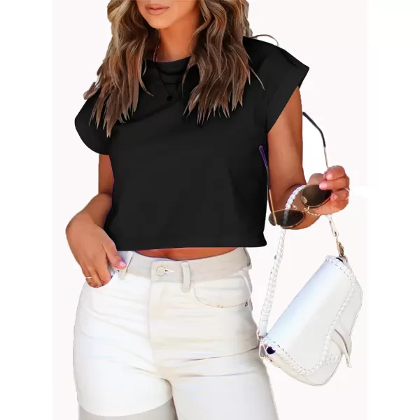 LYANER Women's Round Neck Rolled Dolman Short Sleeve Crop Solid Pullover Tee Shirt Top