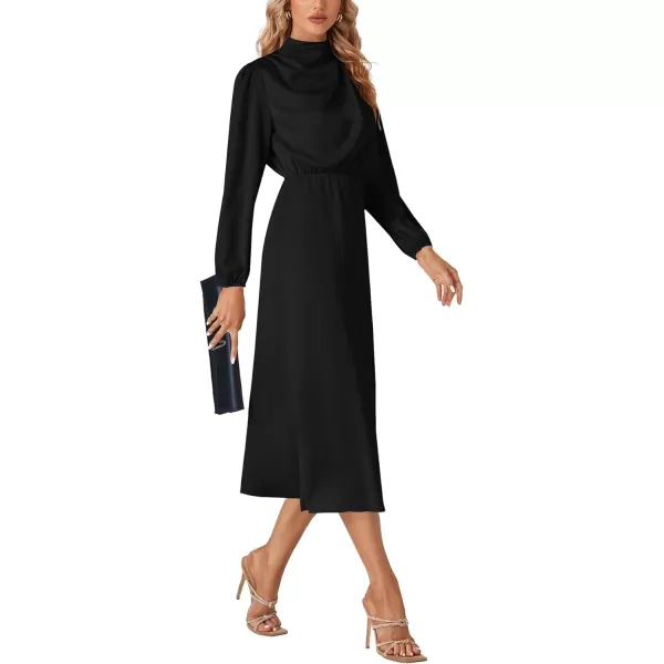 LYANER Women's Satin Long Sleeve Elastic High Waist Ruched Solid Midi Dress