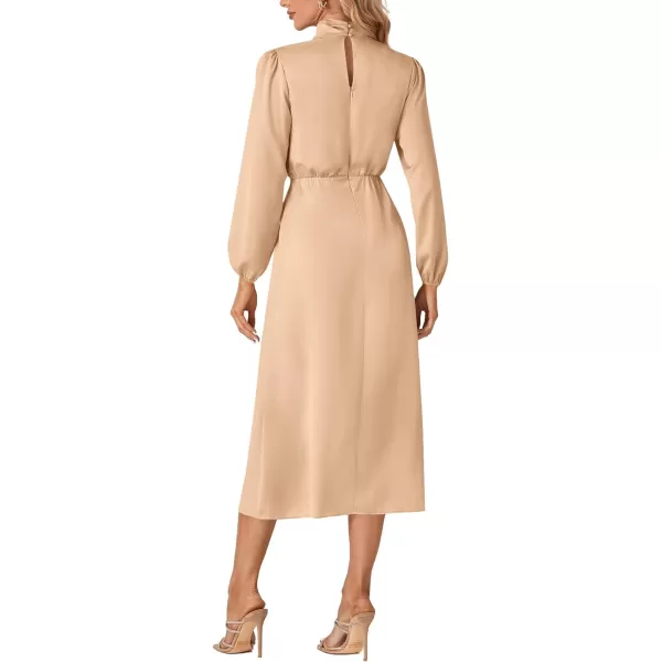 LYANER Women's Satin Long Sleeve Elastic High Waist Ruched Solid Midi Dress