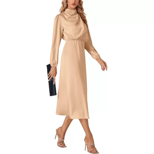 LYANER Women's Satin Long Sleeve Elastic High Waist Ruched Solid Midi Dress
