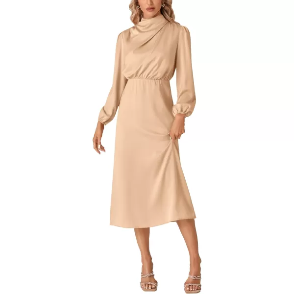 LYANER Women's Satin Long Sleeve Elastic High Waist Ruched Solid Midi Dress