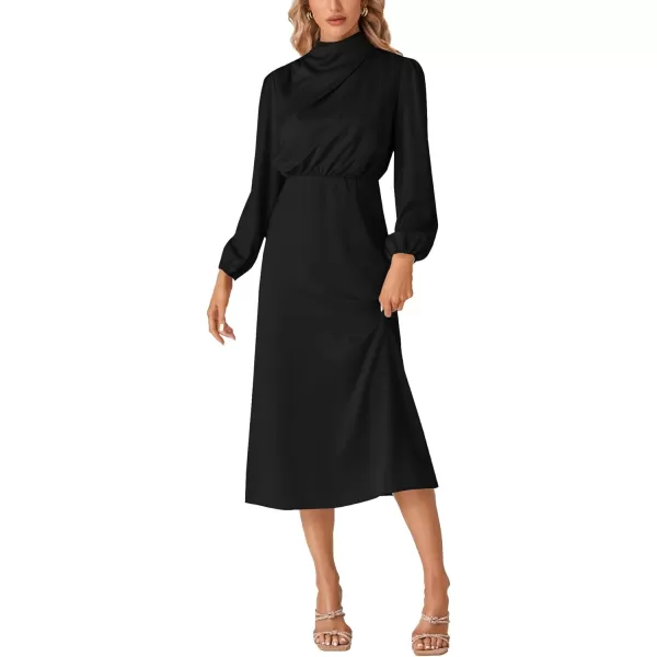 LYANER Women's Satin Long Sleeve Elastic High Waist Ruched Solid Midi Dress