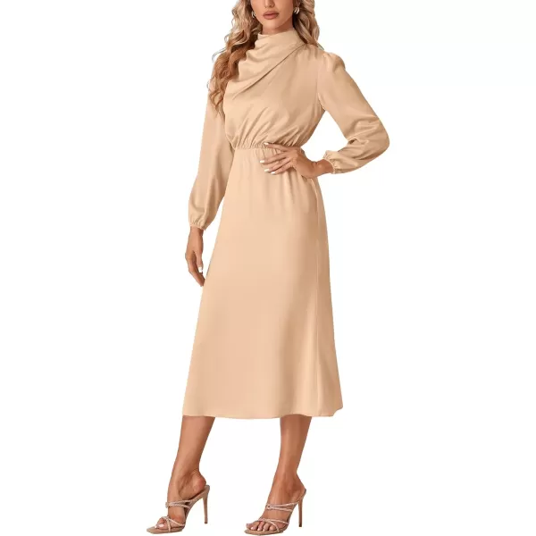 LYANER Women's Satin Long Sleeve Elastic High Waist Ruched Solid Midi Dress